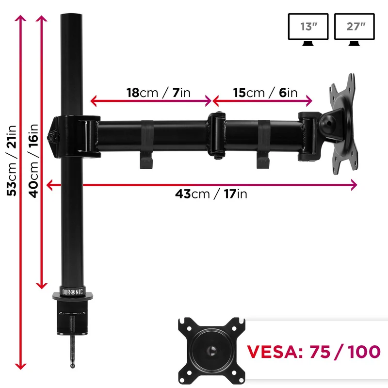 Duronic DM251X3 BK Monitor-Halterung 1 Monitor für 13-27 Zoll Flach & Curved Bildschirm-Halterung 8kg, Monitor Tischhalterung Höhenverstellbar Neigbar Schwenkbar Drehbar, Vesa halterung, Monitor-Arm