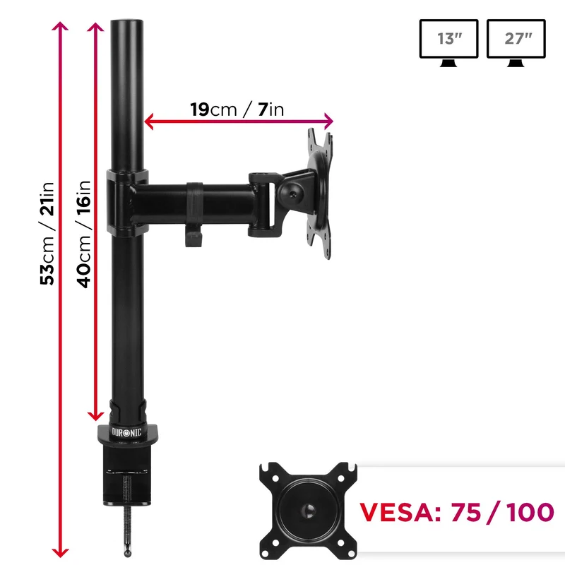 Duronic DM251X2 Monitor-Halterung 1 Monitor für 13-27 Zoll Flach & Curved Bildschirm-Halterung 8kg, Monitor Tischhalterung Höhenverstellbar Neigbar Schwenkbar Drehbar, Vesa halterung, Monitor-Arm