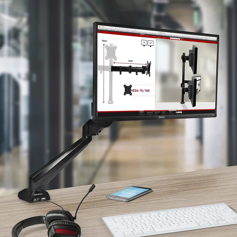 Duronic DMUSB5X1 Monitorhalterung mit USB Hub | Monitorständer für 1 Monitor bis 27 Zoll | Gasdruckfeder Monitorarm | VESA 75/100 | Bis 8kg | Höhenverstellbar | Neigbar -90° bis +85° | Drebar 360°