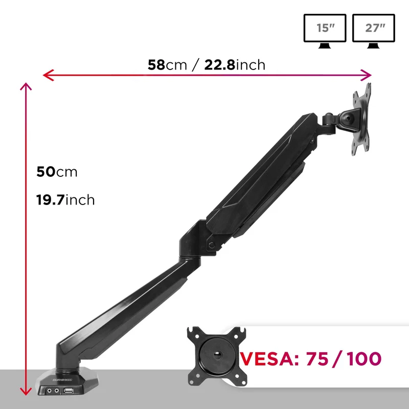 Duronic DMUSB5X1 Monitorhalterung mit USB Hub | Monitorständer für 1 Monitor bis 27 Zoll | Gasdruckfeder Monitorarm | VESA 75/100 | Bis 8kg | Höhenverstellbar | Neigbar -90° bis +85° | Drebar 360°