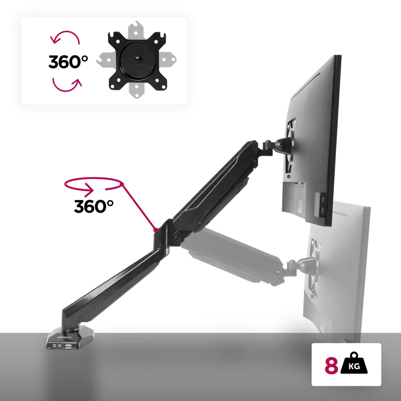 Duronic DMUSB5X1 Monitorhalterung mit USB Hub | Monitorständer für 1 Monitor bis 27 Zoll | Gasdruckfeder Monitorarm | VESA 75/100 | Bis 8kg | Höhenverstellbar | Neigbar -90° bis +85° | Drebar 360°