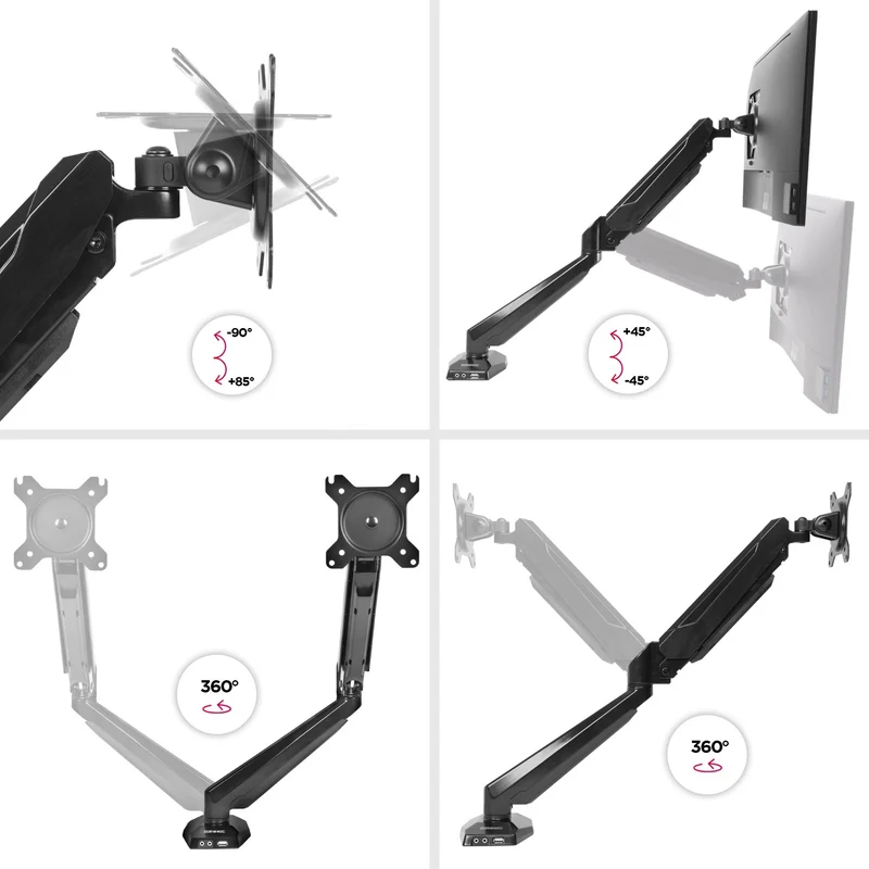 Duronic DMUSB5X1 Monitorhalterung mit USB Hub | Monitorständer für 1 Monitor bis 27 Zoll | Gasdruckfeder Monitorarm | VESA 75/100 | Bis 8kg | Höhenverstellbar | Neigbar -90° bis +85° | Drebar 360°