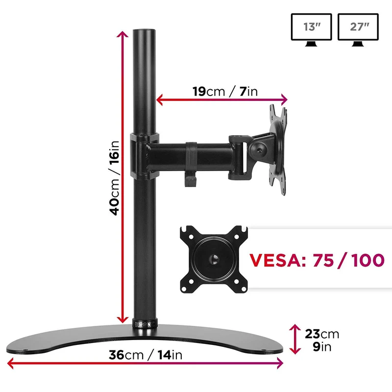 Duronic DM25D1 Monitor-Halterung 1 Monitor für 13-27 Zoll Flach & Curved Bildschirm-Halterung 8kg, Monitor Tischhalterung Höhenverstellbar Neigbar Schwenkbar Drehbar, Vesa halterung, Monitor-Arm