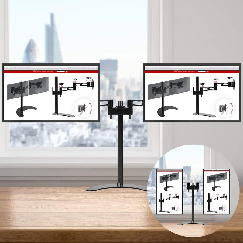 Duronic DM35D2 Monitorhalterung | Freistehender Monitorarm für 2 Monitore | Aluminium | LCD OLED Display bis 27 Zoll | VESA 75/100 | Neigungswinkel (-)15° | 180° Schwenkbar | Drehbar um 360°