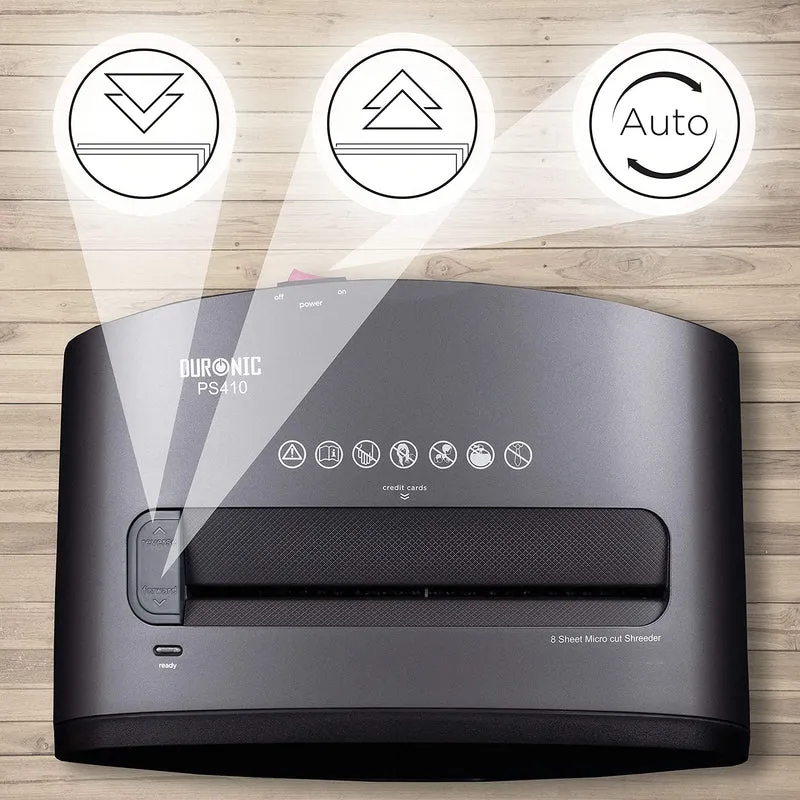 Duronic PS410 Aktenvernichter | 8 Blatt Partikelschnitt P4 | 4 Liter Papierkorb | Mikroschnitt Schredder für mehr Datenschutz | Zerkleinerer für Kreditkarten | Reisswolf mit Start-Stopp-Automatik