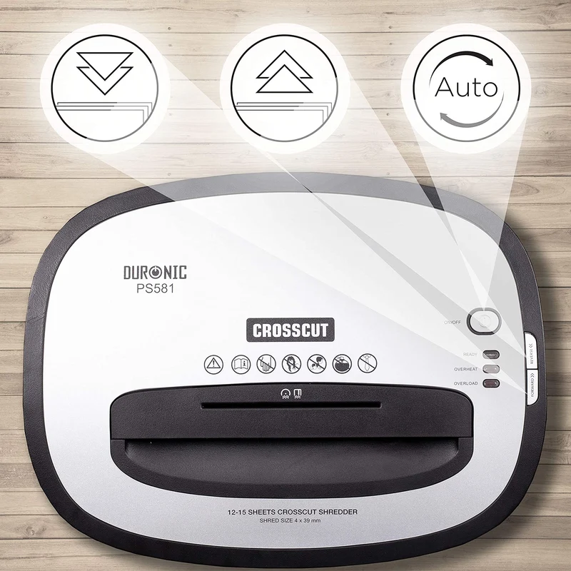 Duronic PS581 Aktenvernichter | 15 Blatt Partikelschnitt P4 | 22 Liter Papierkorb | Kreuzschnitt Schredder für Datenschutz | Zerkleinerer für Kreditkarten und CD | Reisswolf mit Start-Stopp-Automatik