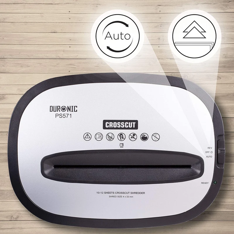 Duronic PS571 Aktenvernichter | 12 Blatt Partikelschnitt P4 | 19 Liter Papierkorb | Kreuzschnitt Schredder für mehr Datenschutz | Zerkleinerer für Kreditkarten | Reisswolf mit Start-Stopp-Automatik