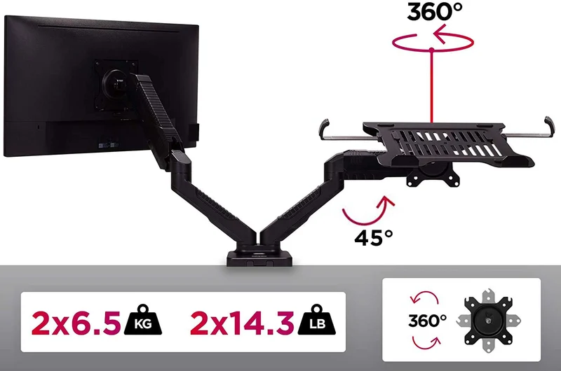 Duronic DMDCL1X1 Laptop- und Monitorhalterung | Ideal für Home Office | Monitor bis 27 Zoll | Display und Notebook bis 6,5 kg | Höhenverstellbar mit Gasdruckfeder | Pivot 360° | Bildschirm neigbar