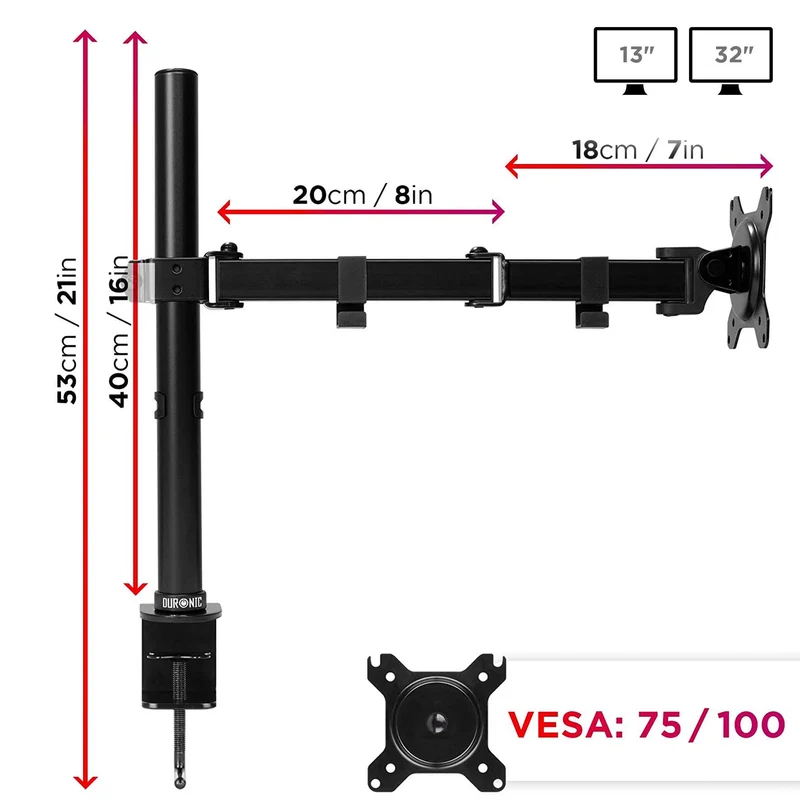 Duronic DM151X3 Monitor-Halterung 1 Monitor für 13-27 Zoll Flach & Curved Bildschirm-Halterung 8kg, Monitor Tischhalterung Höhenverstellbar Neigbar Schwenkbar Drehbar, Vesa halterung, Monitor-Arm