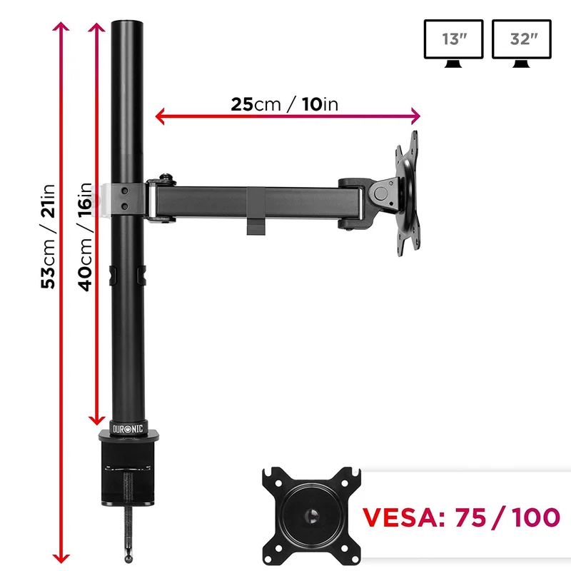 Duronic DM151X2 Monitor-Halterung 1 Monitor für 13-27 Zoll Flach & Curved Bildschirm-Halterung 8kg, Monitor Tischhalterung Höhenverstellbar Neigbar Schwenkbar Drehbar, Vesa halterung, Monitor-Arm