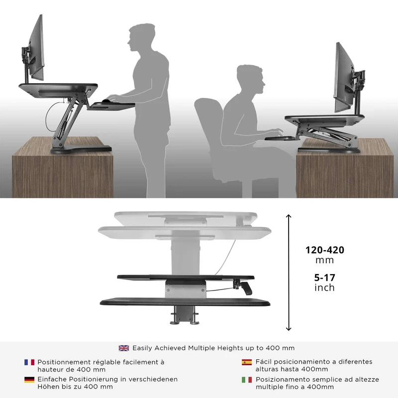 Duronic DM05D13 Computertisch | Workstation 64 x 46 cm mit Tastaturablage | Schreibtischaufsatz höhenverstellbar 12 bis 42 cm | Stehpult zum festklemmen an Tischkante | Sitz-Steh Schreibtisch bis 8 kg