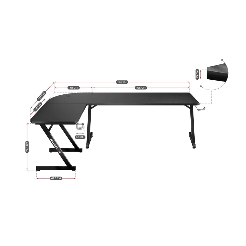 Gaming-Eckschreibtisch Huzaro Hero 7.0 Black 154 cm
