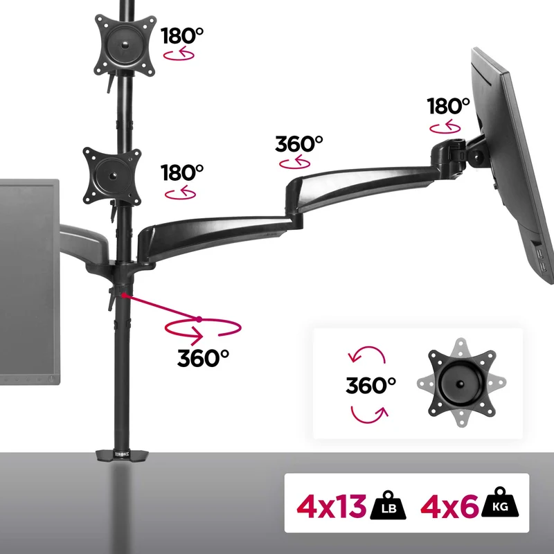 Duronic DM453VX1 Monitorarm | Monitor Halterung 4 Bildschirme bis 27" Zoll | LCD LED Display Ständer bis 6 kg | Höhenverstellbar | Neigbar -90° bis +45° | Drehbar 360° | Monitorhalterung 4fach VESA