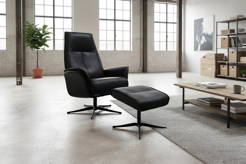 KAWOLA Relaxsessel JOSIANE Drehsessel Lederfaserstoff schwarz mit Hocker