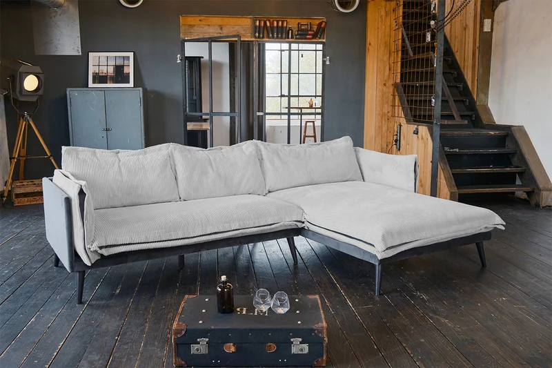 KAWOLA Sofa QUENYA Ecksofa Cord hellgrau / Velvet anthrazit