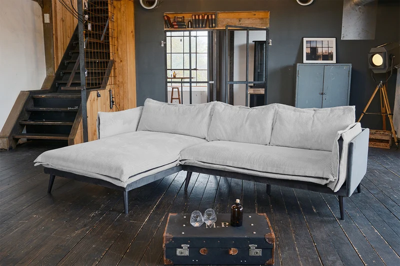 KAWOLA Sofa QUENYA Ecksofa Cord hellgrau / Velvet anthrazit