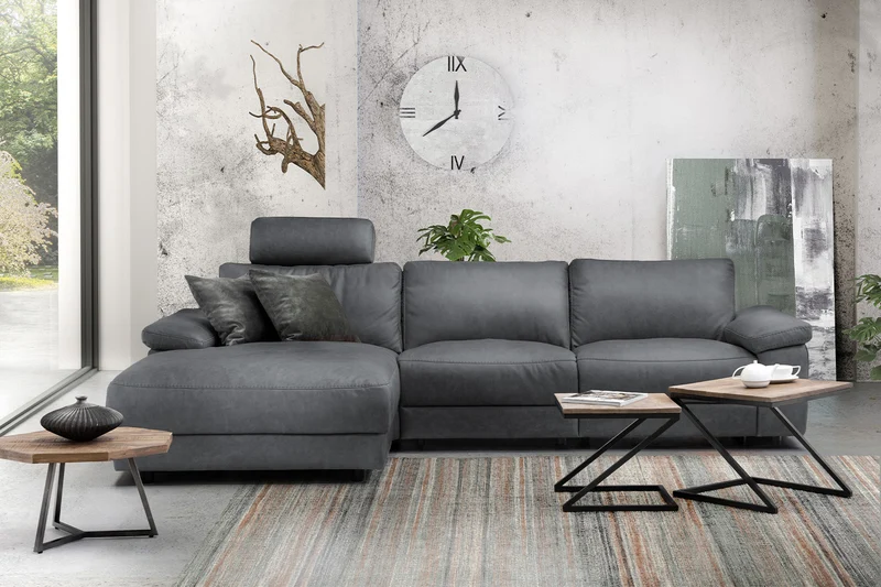 KAWOLA Sofa LOLA Ecksofa Leder grau mit motorischer Relaxfunktion