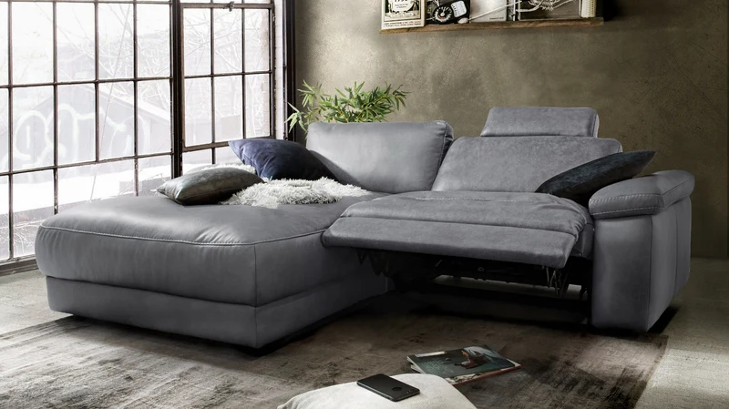 KAWOLA Sofa LOLA Ecksofa Leder grau mit motorischer Relaxfunktion