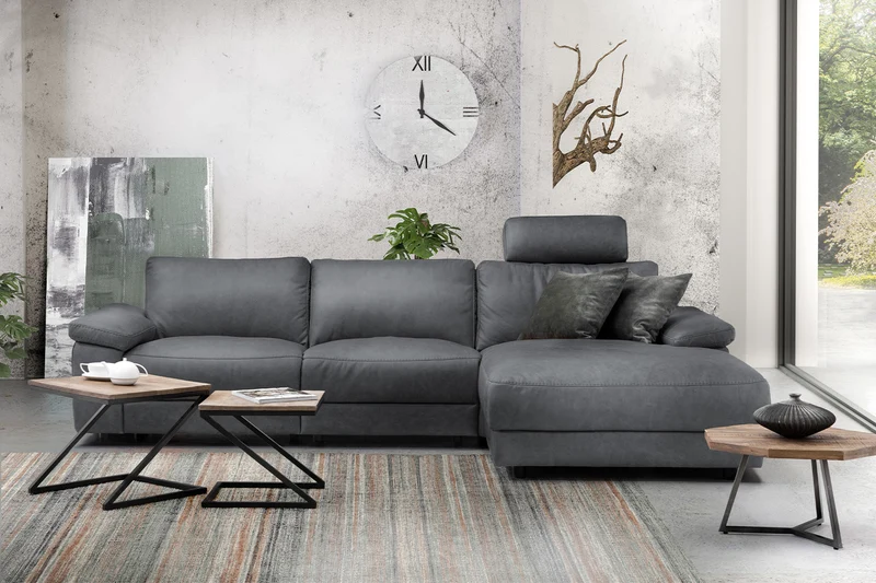 KAWOLA Sofa LOLA Ecksofa Leder grau mit motorischer Relaxfunktion