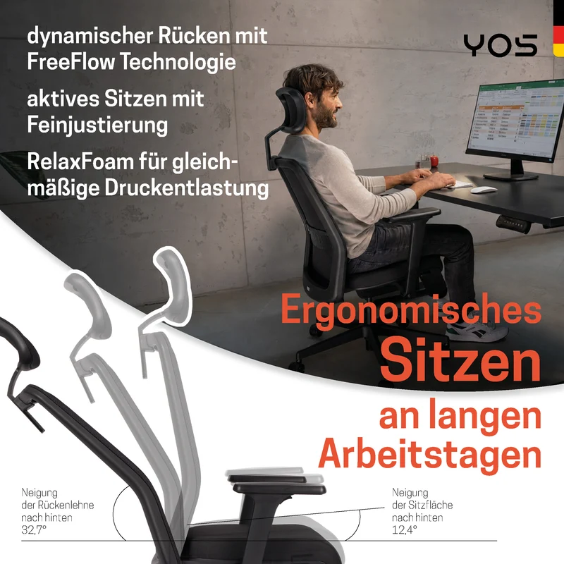 YOS S5 Bürostuhl mit Kopfstütze & Blade Wheels, Schreibtischstuhl