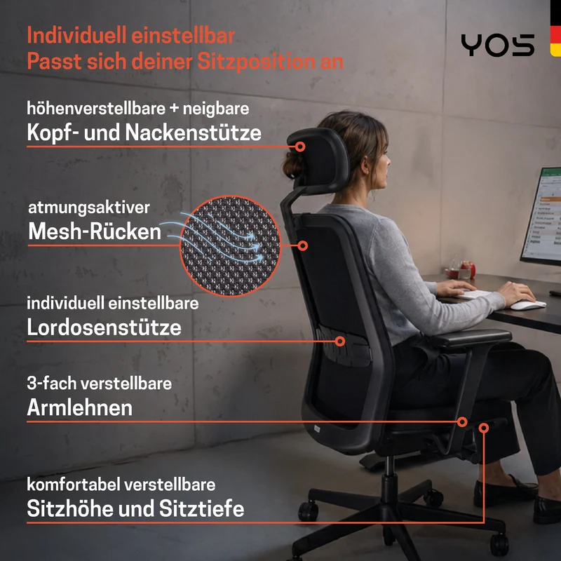 YOS S5 Bürostuhl mit Kopfstütze & Blade Wheels, Schreibtischstuhl
