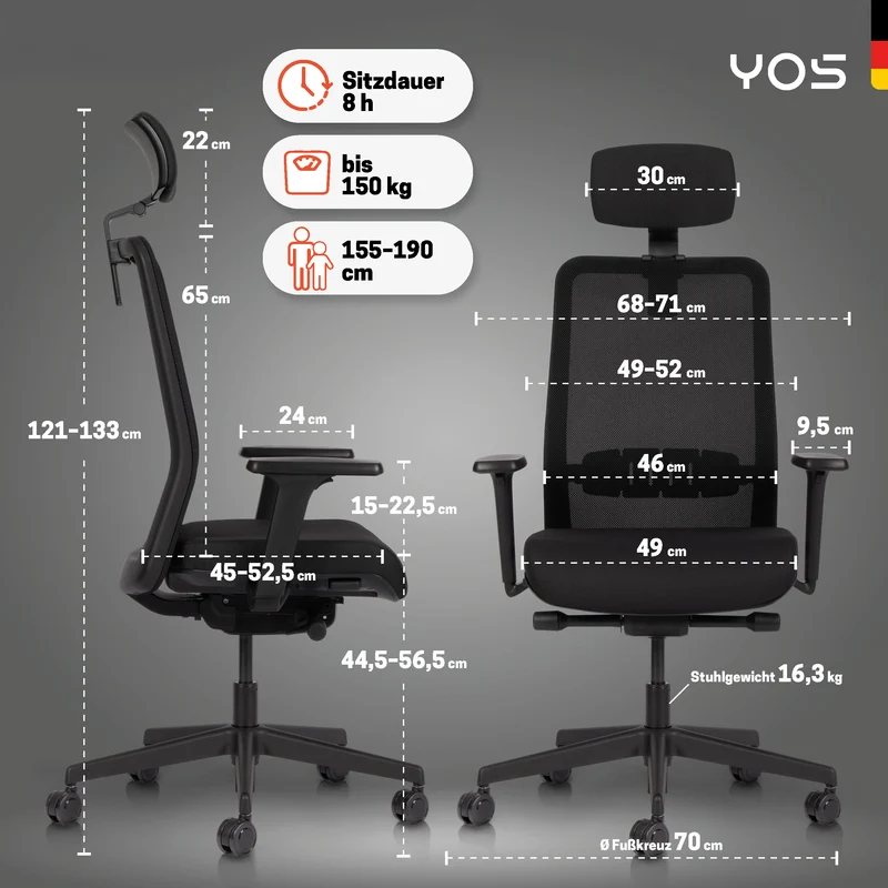 YOS S5 Bürostuhl mit Kopfstütze & Blade Wheels, Schreibtischstuhl