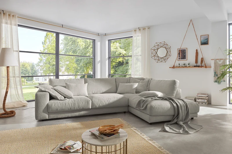KAWOLA Sofa MADELINE Ecksofa mit Recamiere Cord steingrau