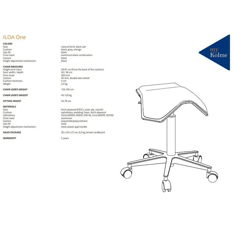 myKolme ILOA One Snow | Hocker Rollhocker | Sattelhocker | Gestell Weiß