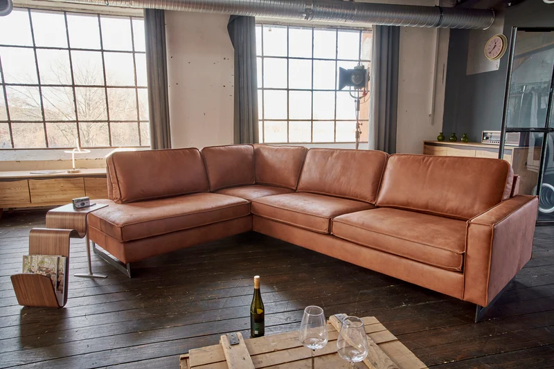KAWOLA Ecksofa VILNIUS 3-Sitzer mit Recamiere Lederfaserstoff cognac