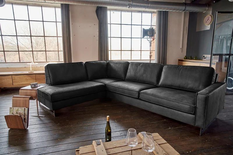 KAWOLA Ecksofa VILNIUS 3-Sitzer mit Recamiere Lederfaserstoff schwarz