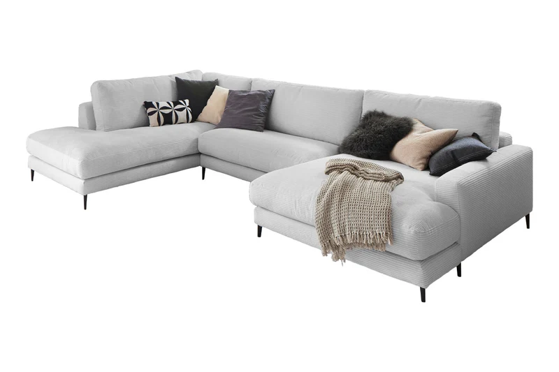 KAWOLA Sofa CARA Wohnlandschaft U-Form Cord hellgrau