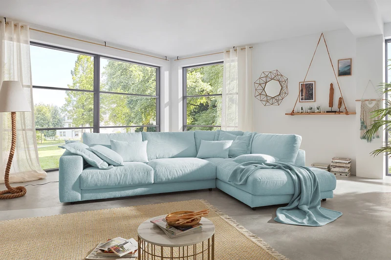 KAWOLA Sofa MADELINE Ecksofa mit Recamiere Cord hellblau