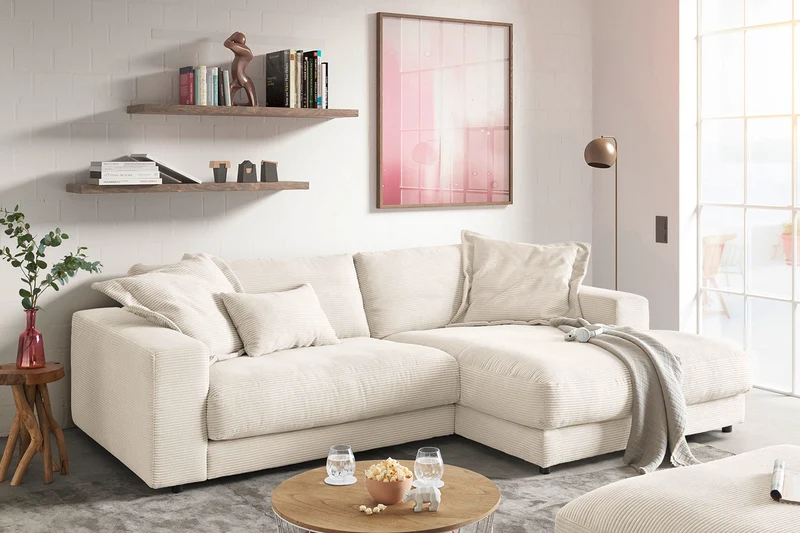 KAWOLA Sofa MADELINE Ecksofa mit Longchair Cord cremeweiß