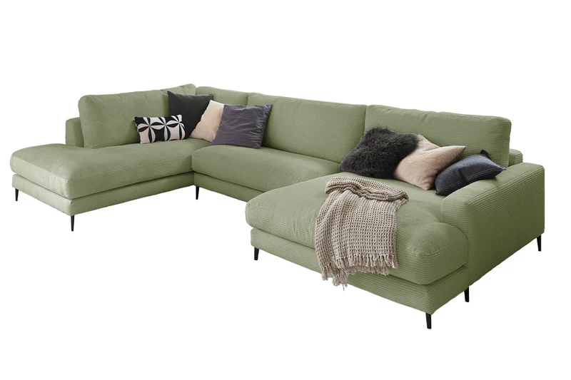 KAWOLA Sofa CARA Wohnlandschaft U-Form Cord olivgrün