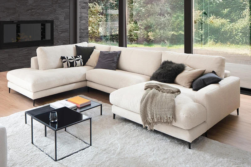 KAWOLA Sofa CARA Wohnlandschaft U-Form Cord cremeweiß
