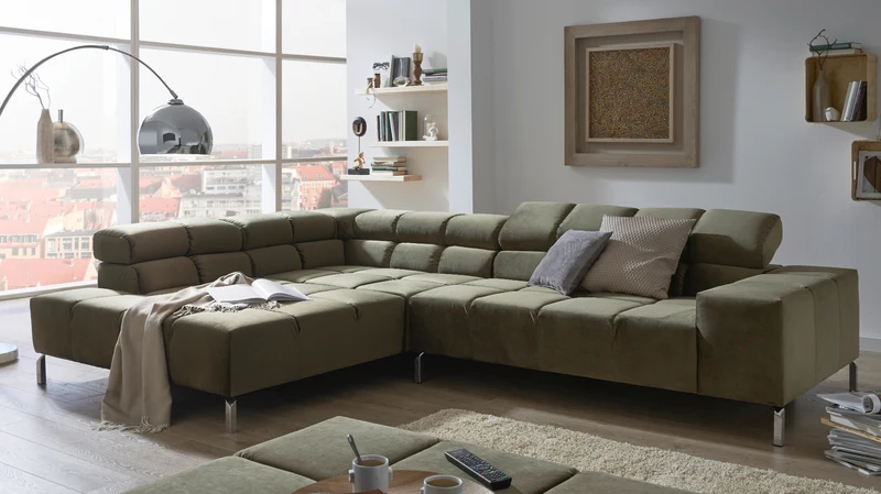 KAWOLA Sofa NELSON Ecksofa Velvet olivgrün
