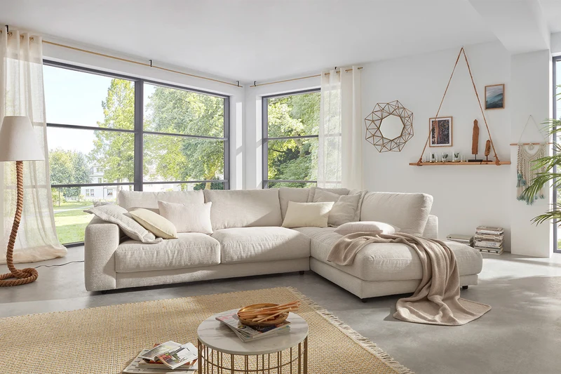 KAWOLA Sofa MADELINE Ecksofa mit Recamiere Cord cremeweiß
