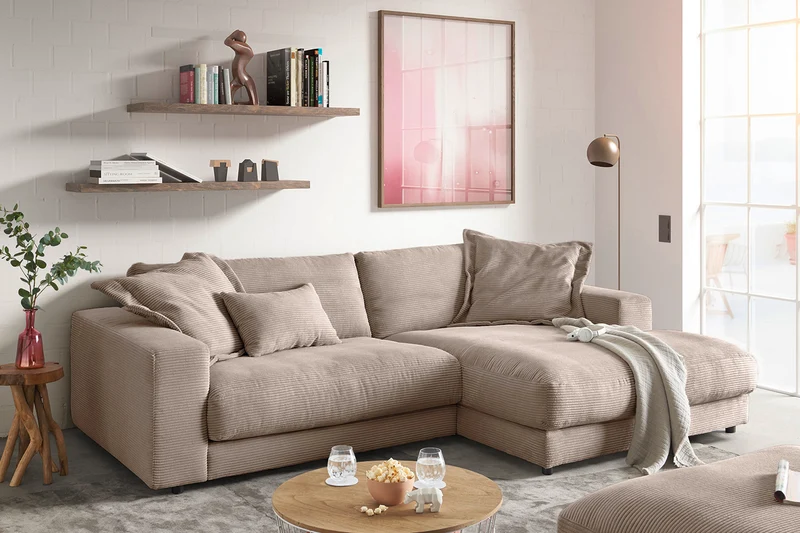 KAWOLA Sofa MADELINE Ecksofa mit Longchair Cord taupe