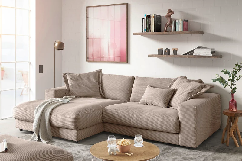 KAWOLA Sofa MADELINE Ecksofa mit Longchair Cord taupe