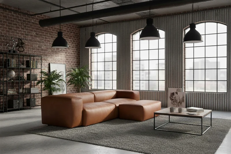 KAWOLA Sofa CELESTE 4-Sitzer mit Hocker Lederfaserstoff cognac