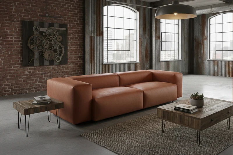 KAWOLA Sofa CELESTE 4-Sitzer mit Hocker Lederfaserstoff cognac