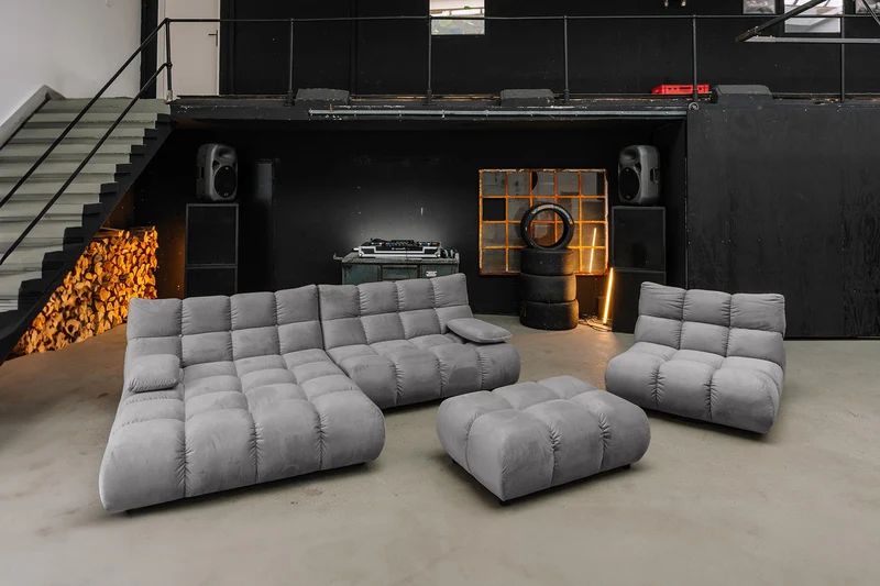 KAWOLA Sitzgruppe VIVIEN Ecksofa Drehsessel Hockerbank Velvet stone