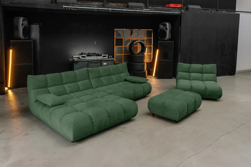 KAWOLA Sitzgruppe VIVIEN Ecksofa Drehsessel Hockerbank Velvet smaragd