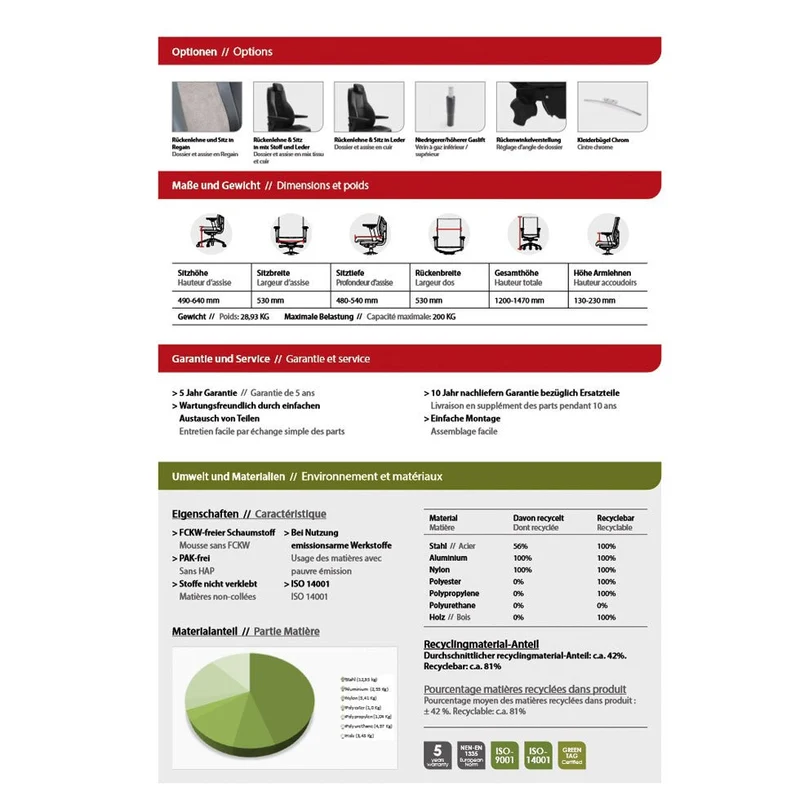 24-Stunden Stuhl - Ergonomischer Bürostuhl Stoff - Leder Schwarz - bis 200 KG
