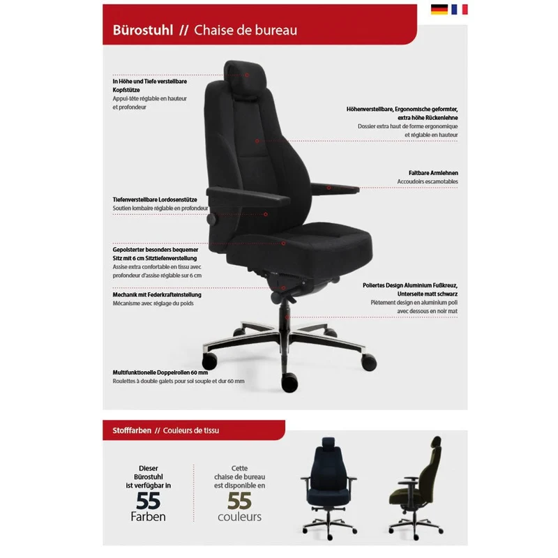 24-Stunden Stuhl - Ergonomischer Bürostuhl Stoff - Leder Schwarz - bis 200 KG