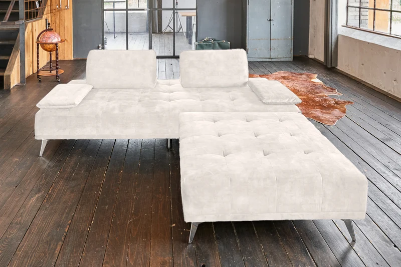 KAWOLA Sofa WIOLO Schlafsofa Daybed mit Hocker velvet cremeweiß