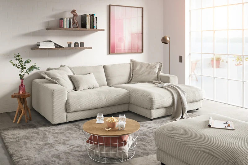 KAWOLA Sofa MADELINE Ecksofa mit Longchair Cord hellgrau