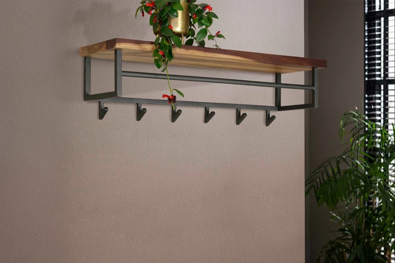 KAWOLA Garderobe ADELIA Nussbaum Metall Hutablage 6 Haken grau