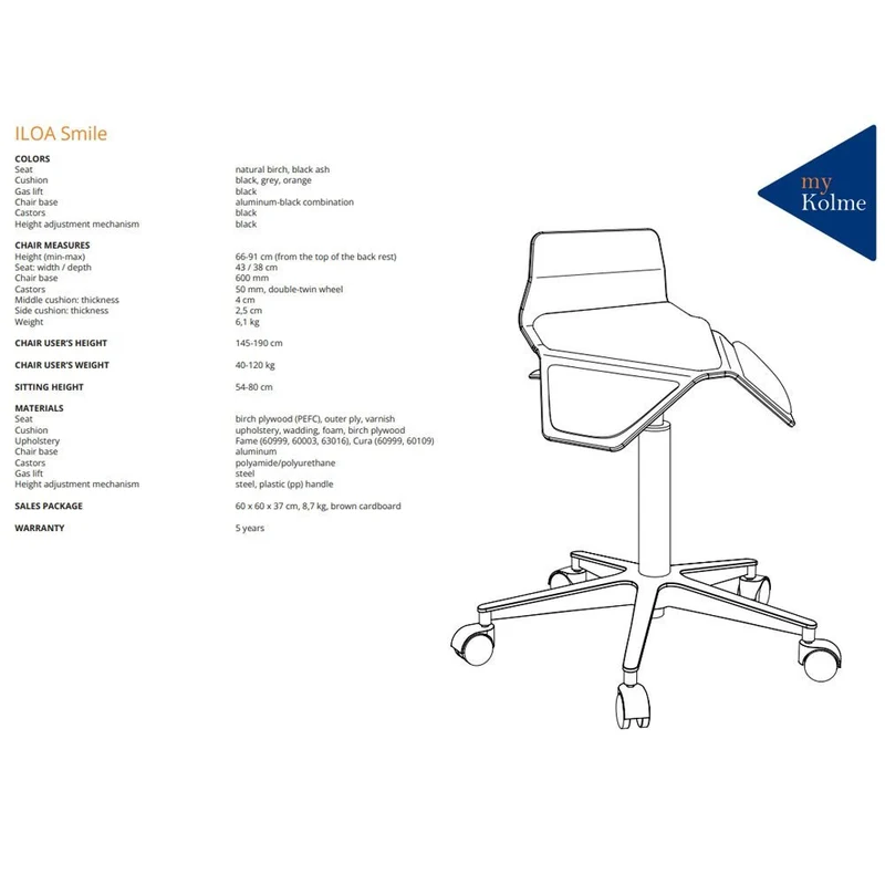 myKolme ILOA Smile | Hocker Rollhocker | Sattelhocker | Rückenlehne | Gestell Schwarz