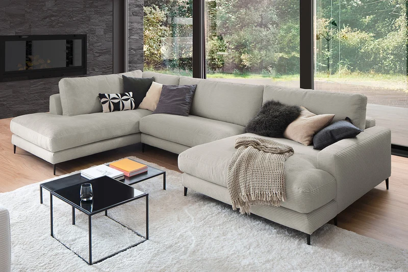 KAWOLA Sofa CARA Wohnlandschaft U-Form Cord steingrau